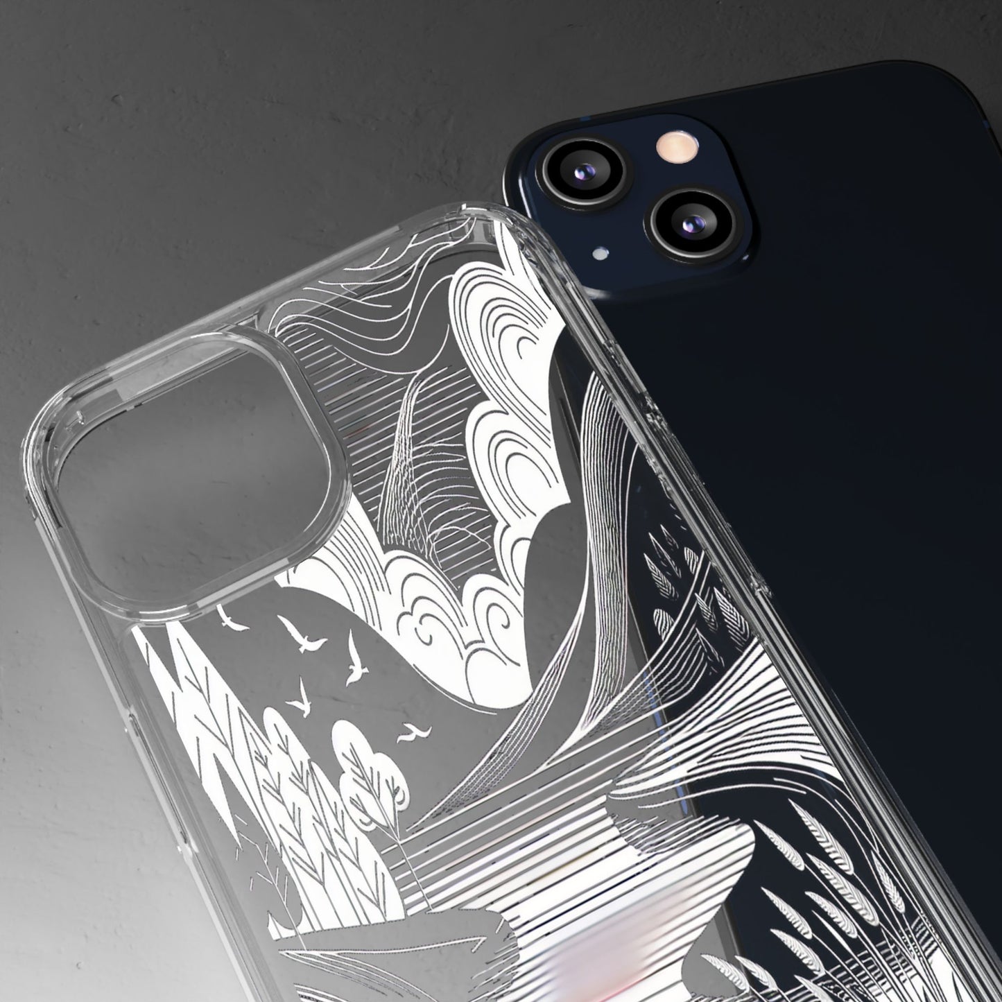 Transparent Black and White Landscape Illustration Iphone Case Compatible With Iphone 16 15 14 - Clear Phone Cover