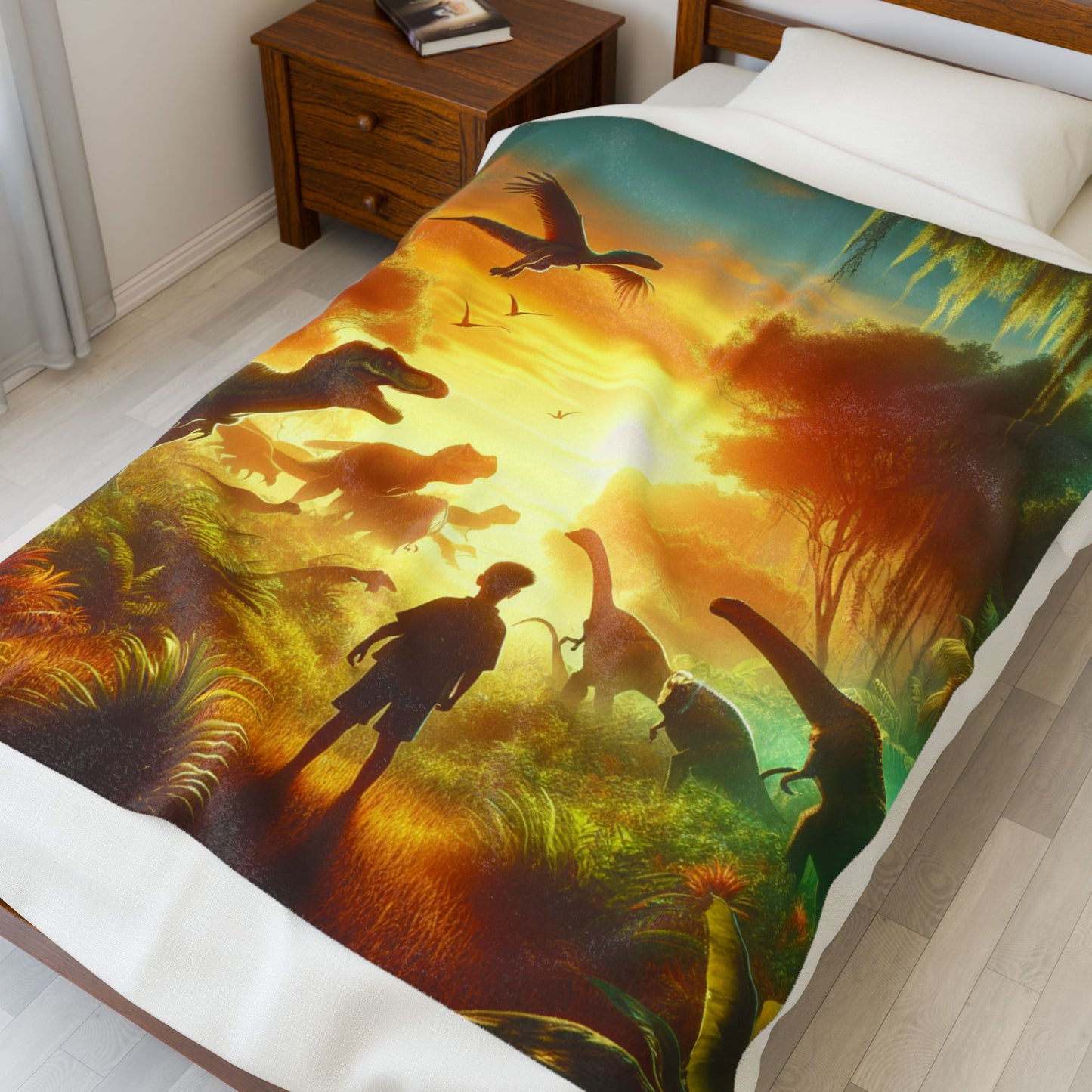 Prehistoric Encounter at Dawn - Plush Blanket