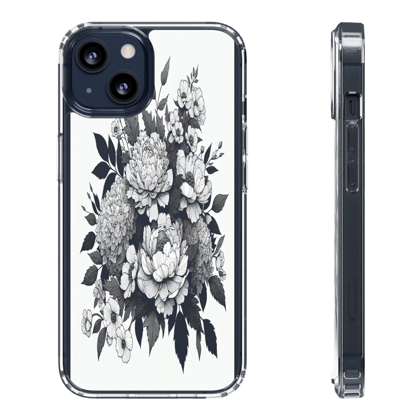 Transparent Floral Arrangement in Black and White Iphone Case Compatible With Iphone 16 15 14 - Clear Phone Cover