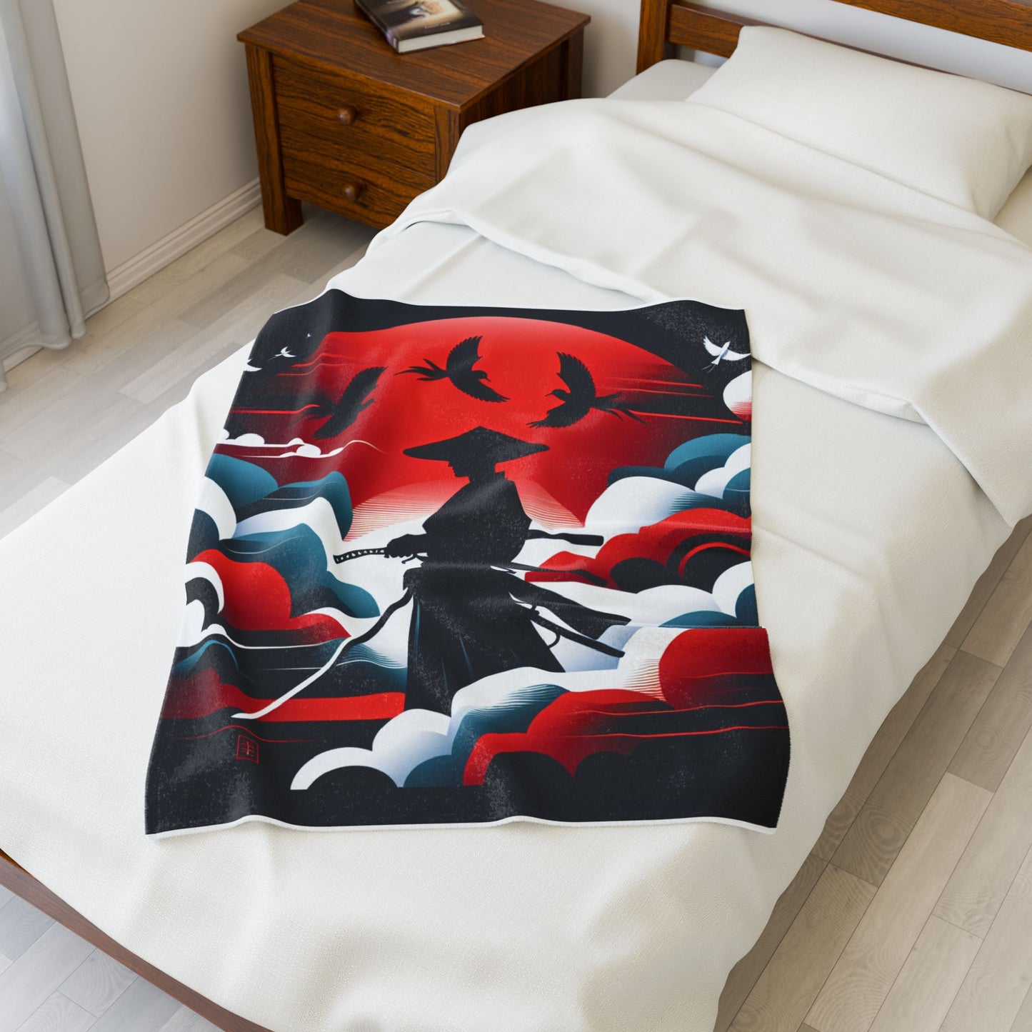 Samurai Under the Red Moon - Plush Blanket