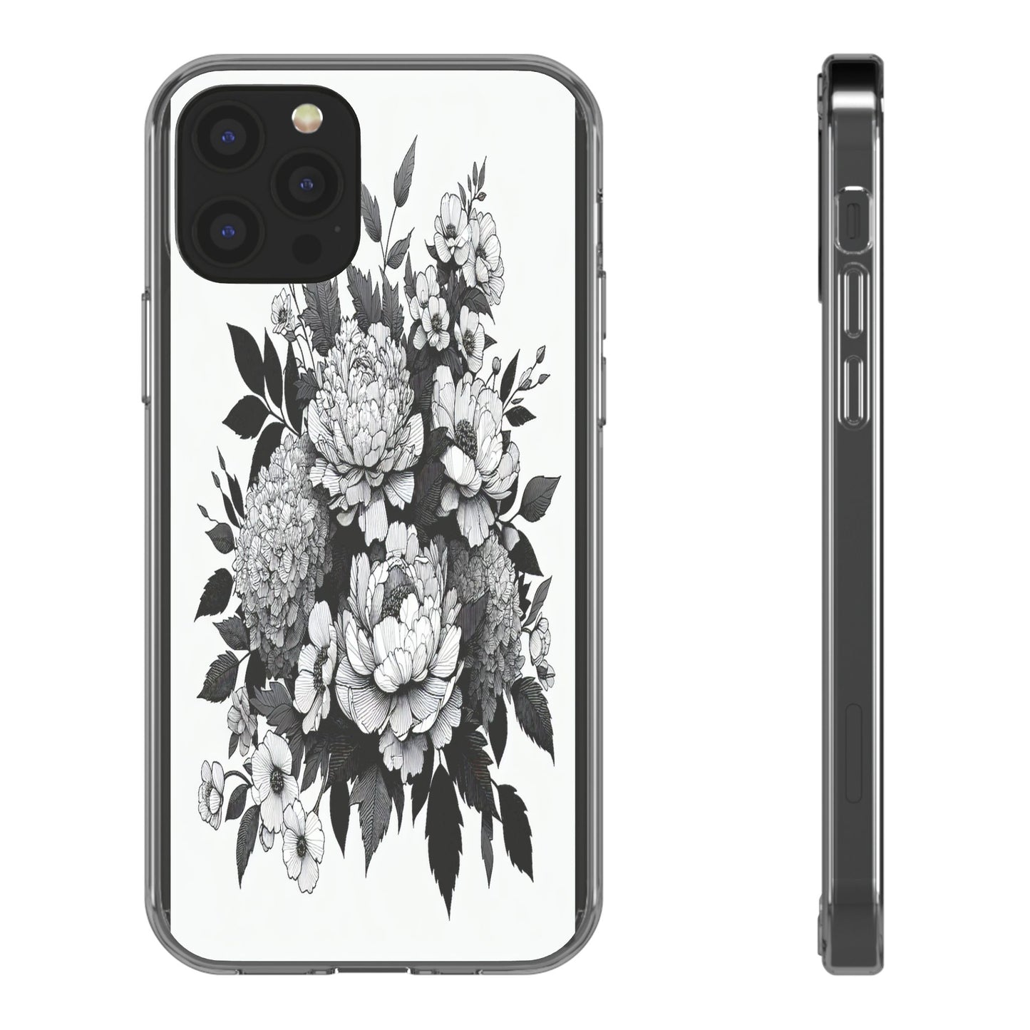 Transparent Floral Arrangement in Black and White Iphone Case Compatible With Iphone 16 15 14 - Clear Phone Cover