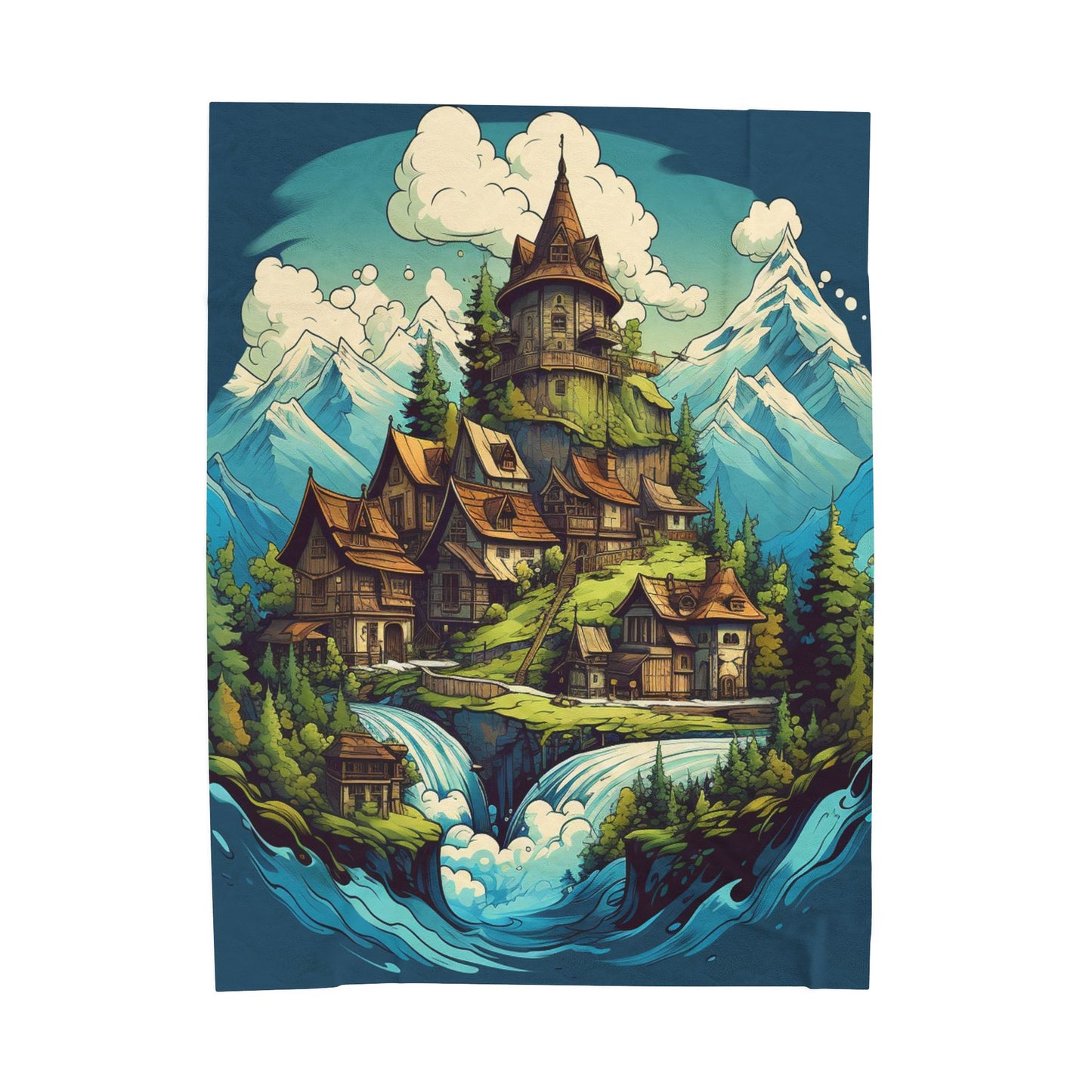 Enchanted Mountain Village Fantasy- Plush Blanket