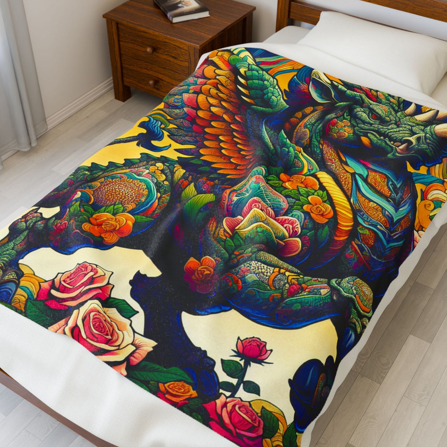 Winged Guardian in Blooming Splendor - Plush Blanket