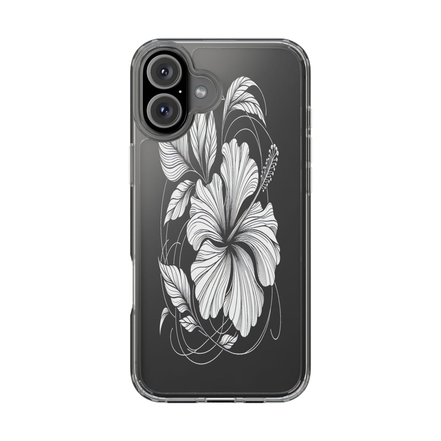 Transparent Hibiscus Design in Black and White Iphone Case Compatible With Iphone 16 15 14 - Clear Phone Cover