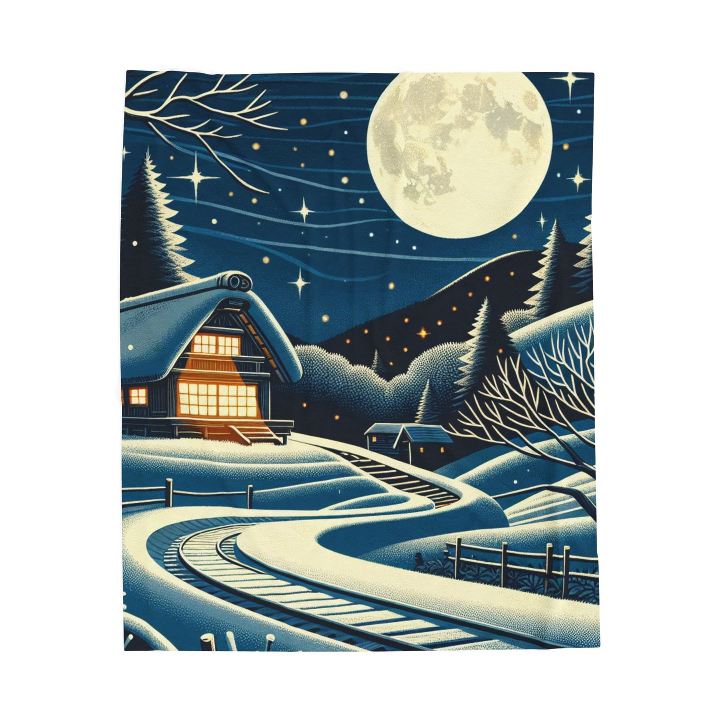 Moonlit Cabin in Winter Wonderland - Plush Blanket