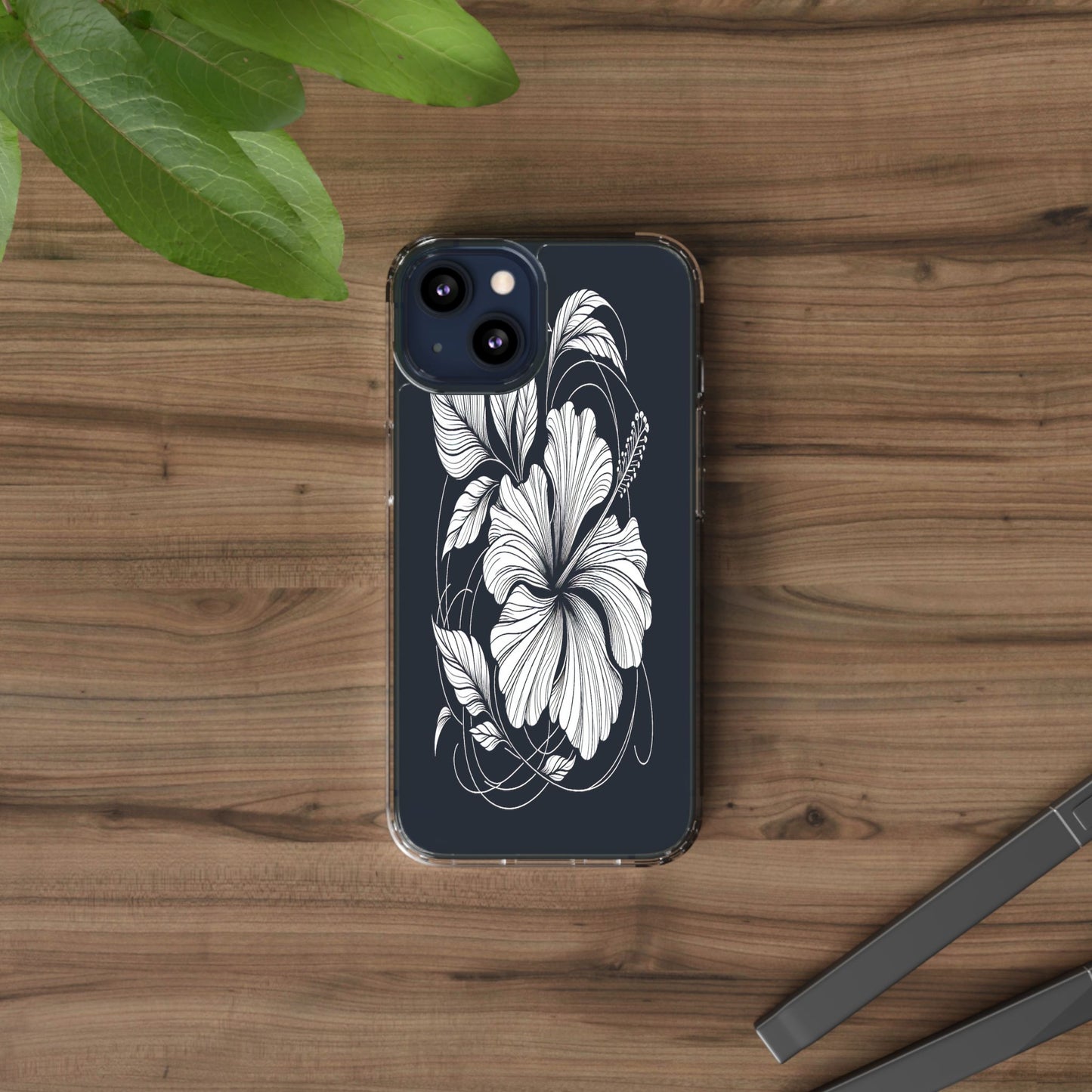 Transparent Hibiscus Design in Black and White Iphone Case Compatible With Iphone 16 15 14 - Clear Phone Cover