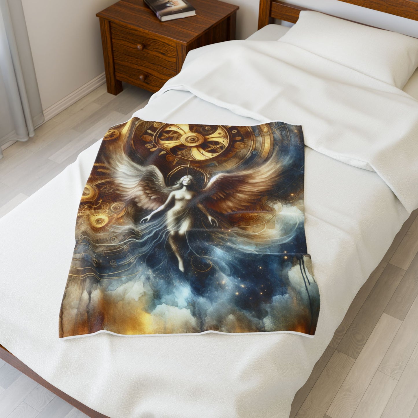 Winged Ascension in Mechanized Realm - Plush Blanket