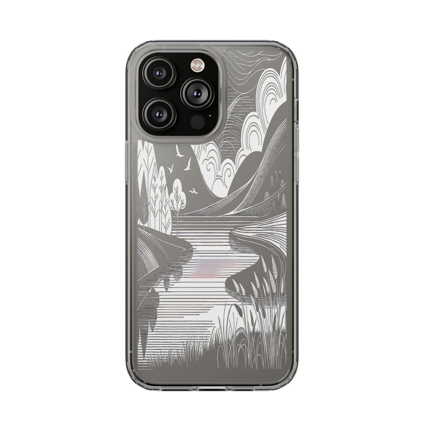 Transparent Black and White Landscape Illustration Iphone Case Compatible With Iphone 16 15 14 - Clear Phone Cover