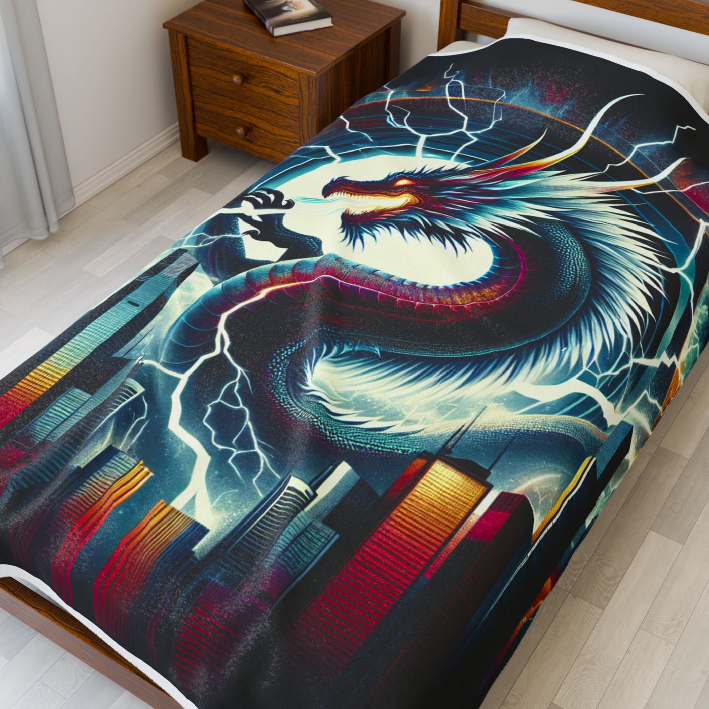 Dragon's Dominion Over Skyscrapers - Plush Blanket