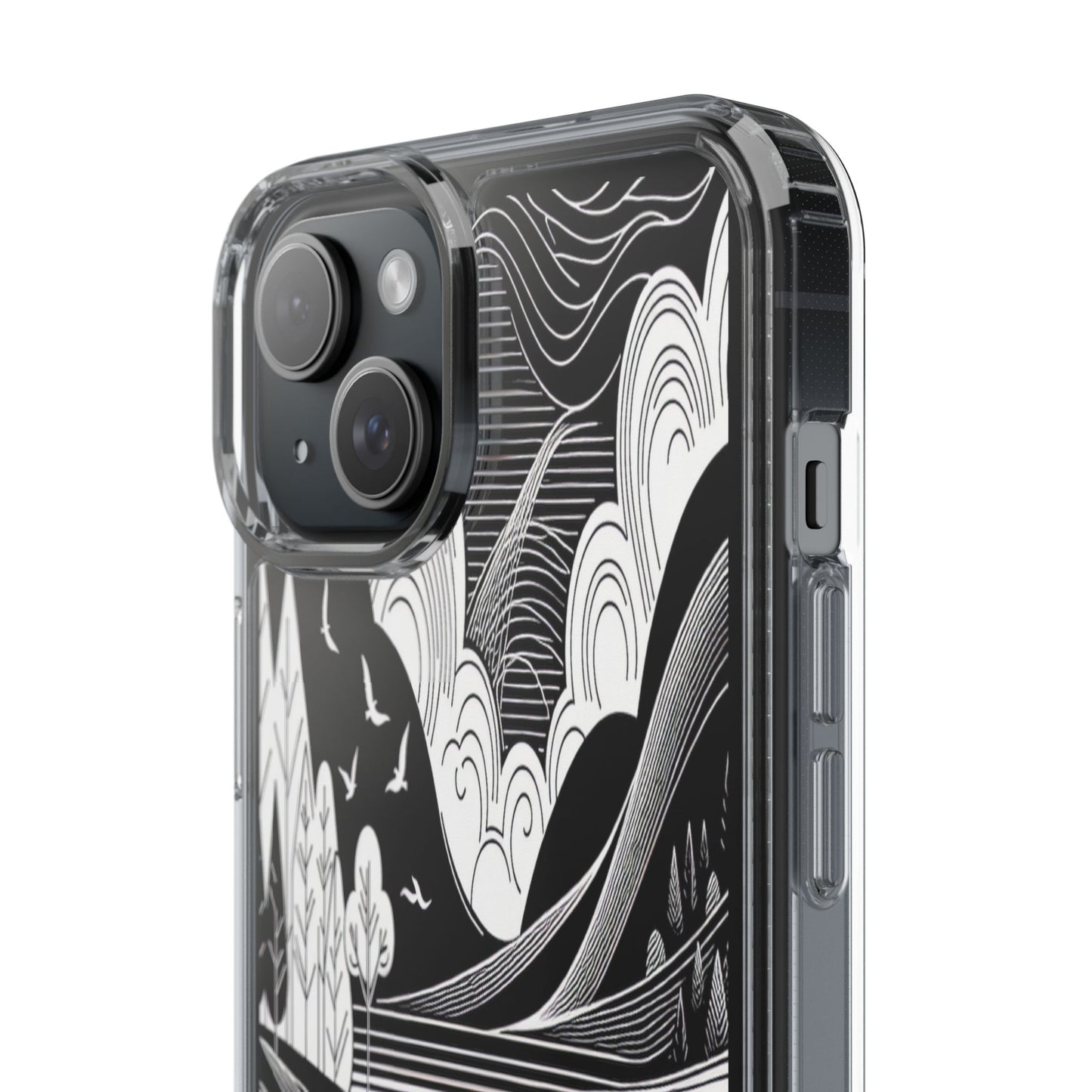 Transparent Black and White Landscape Illustration Iphone Case Compatible With Iphone 16 15 14 - Clear Phone Cover
