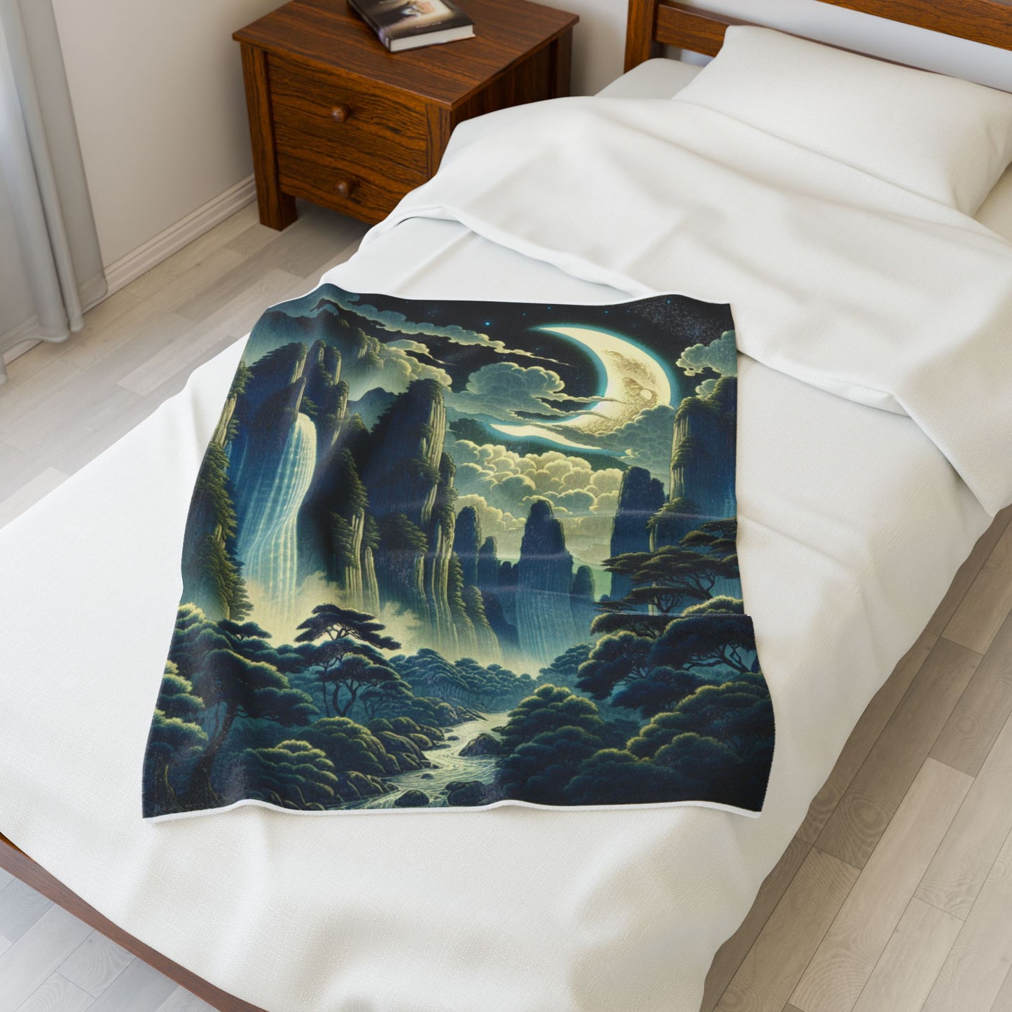 Mystical Moonlit Cascade - Plush Blanket