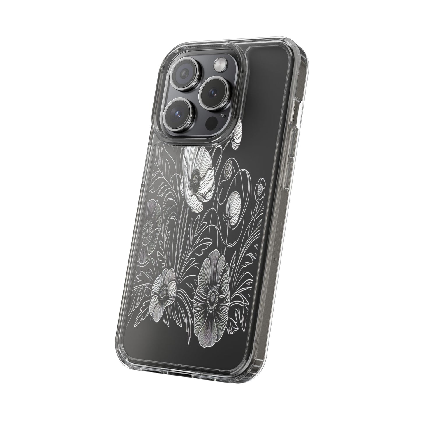 Transparent Black and White Floral Design Iphone Case Compatible With Iphone 16 15 14 - Clear Phone Cover