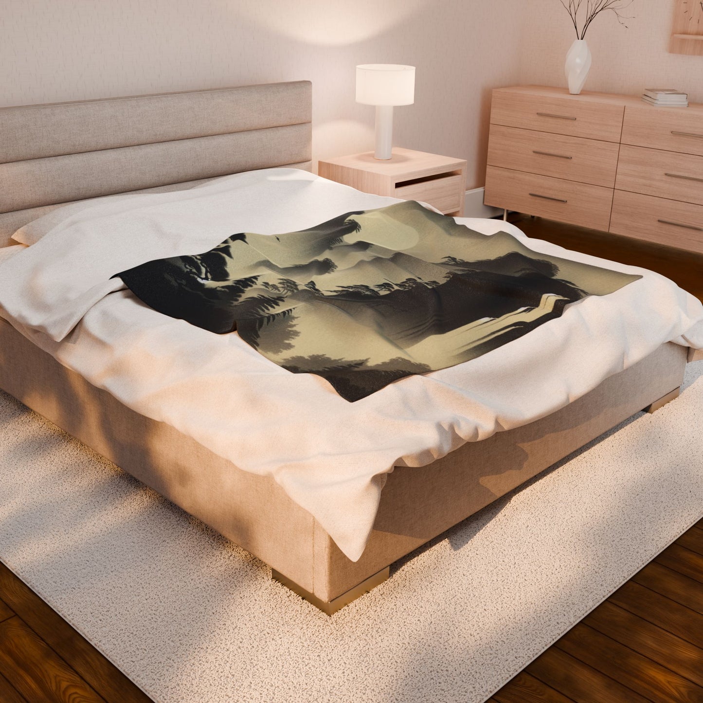 Mystical Peaks and Waterfall Scene - Plush Blanket