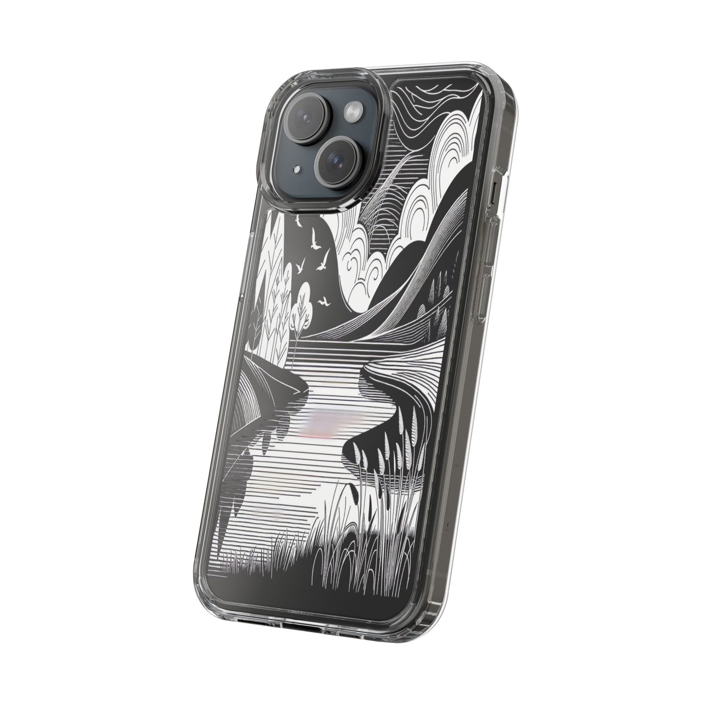 Transparent Black and White Landscape Illustration Iphone Case Compatible With Iphone 16 15 14 - Clear Phone Cover