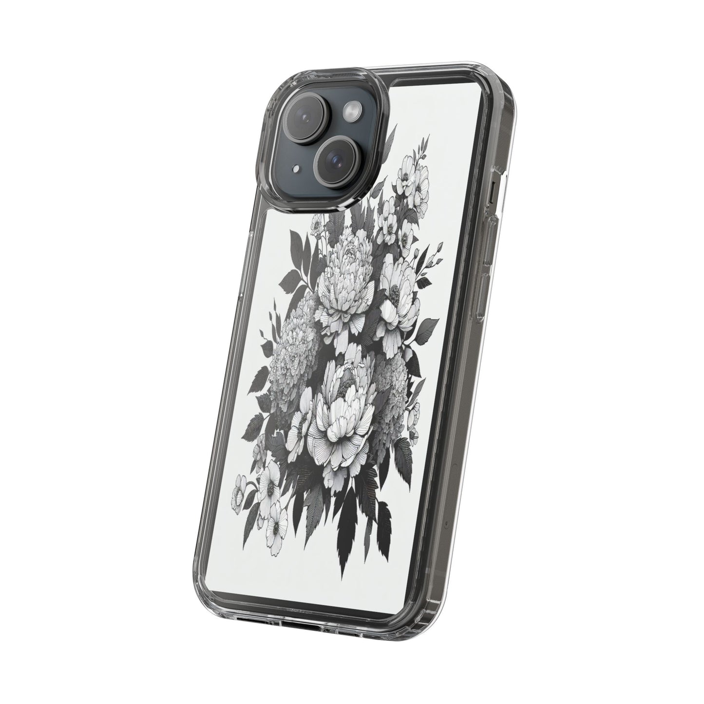 Transparent Floral Arrangement in Black and White Iphone Case Compatible With Iphone 16 15 14 - Clear Phone Cover