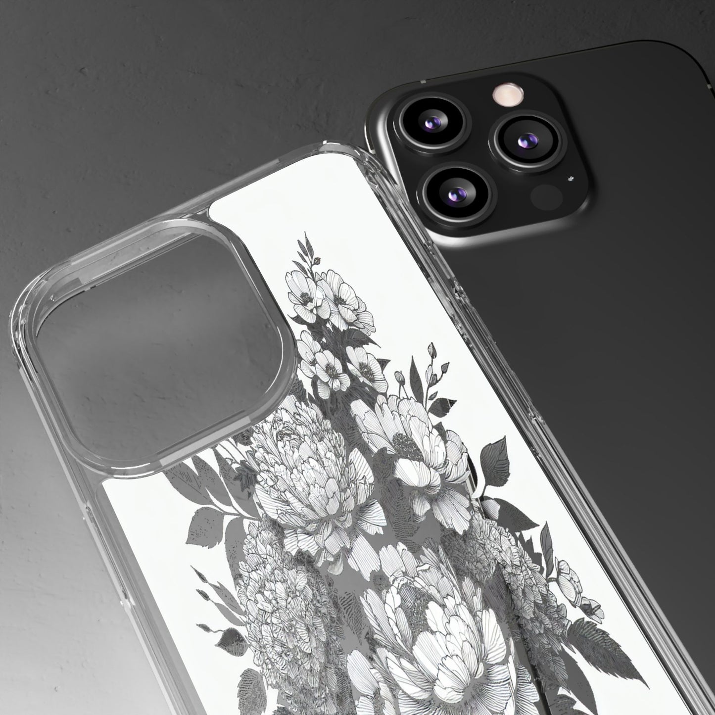 Transparent Floral Arrangement in Black and White Iphone Case Compatible With Iphone 16 15 14 - Clear Phone Cover