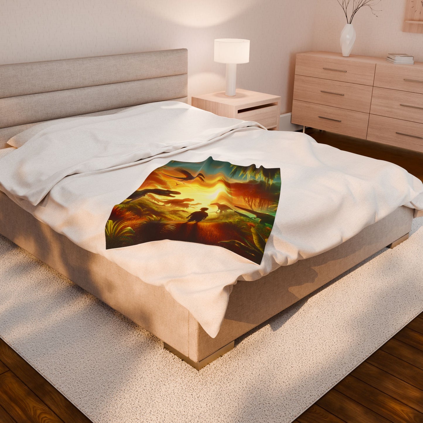 Prehistoric Encounter at Dawn - Plush Blanket