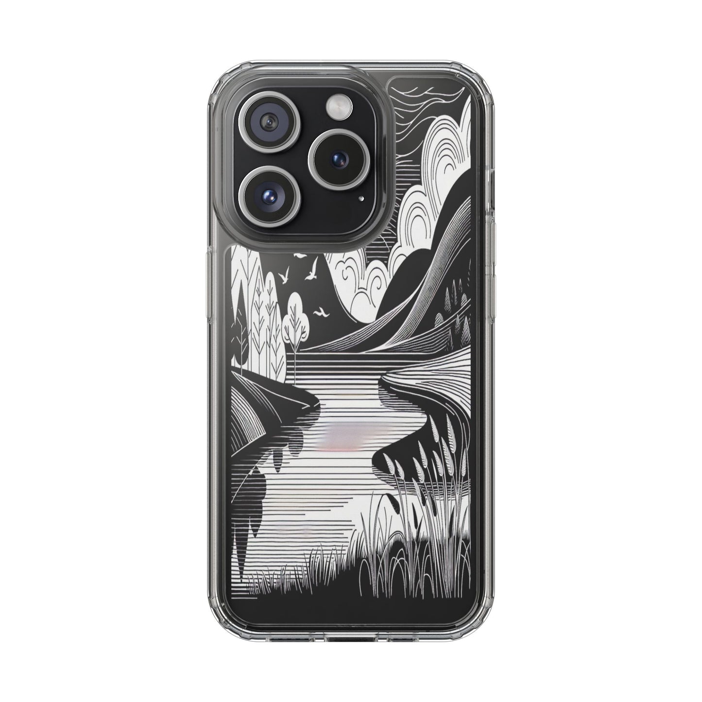 Transparent Black and White Landscape Illustration Iphone Case Compatible With Iphone 16 15 14 - Clear Phone Cover