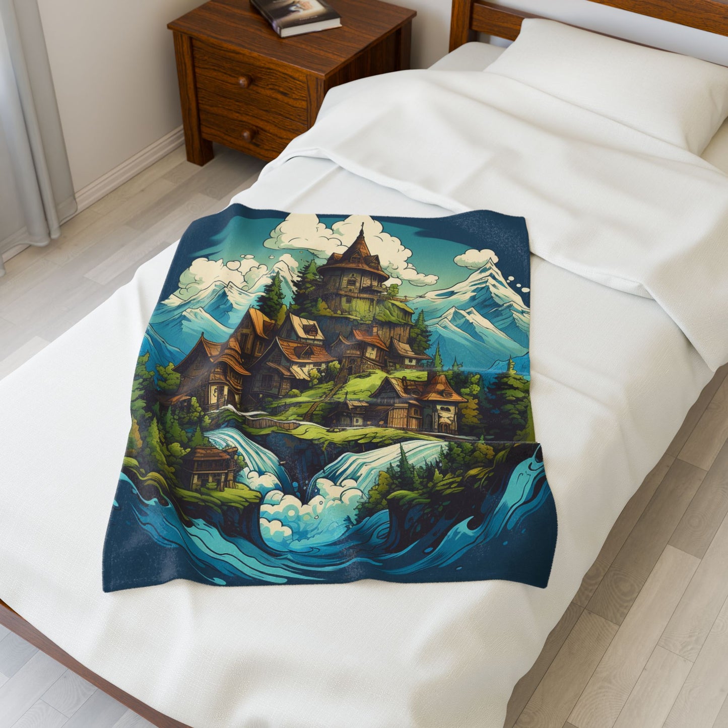 Enchanted Mountain Village Fantasy- Plush Blanket