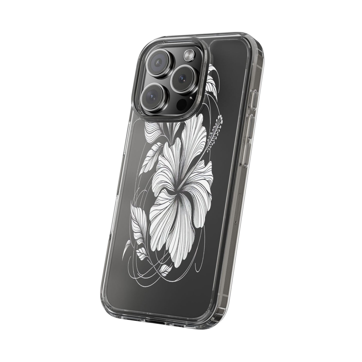 Transparent Hibiscus Design in Black and White Iphone Case Compatible With Iphone 16 15 14 - Clear Phone Cover
