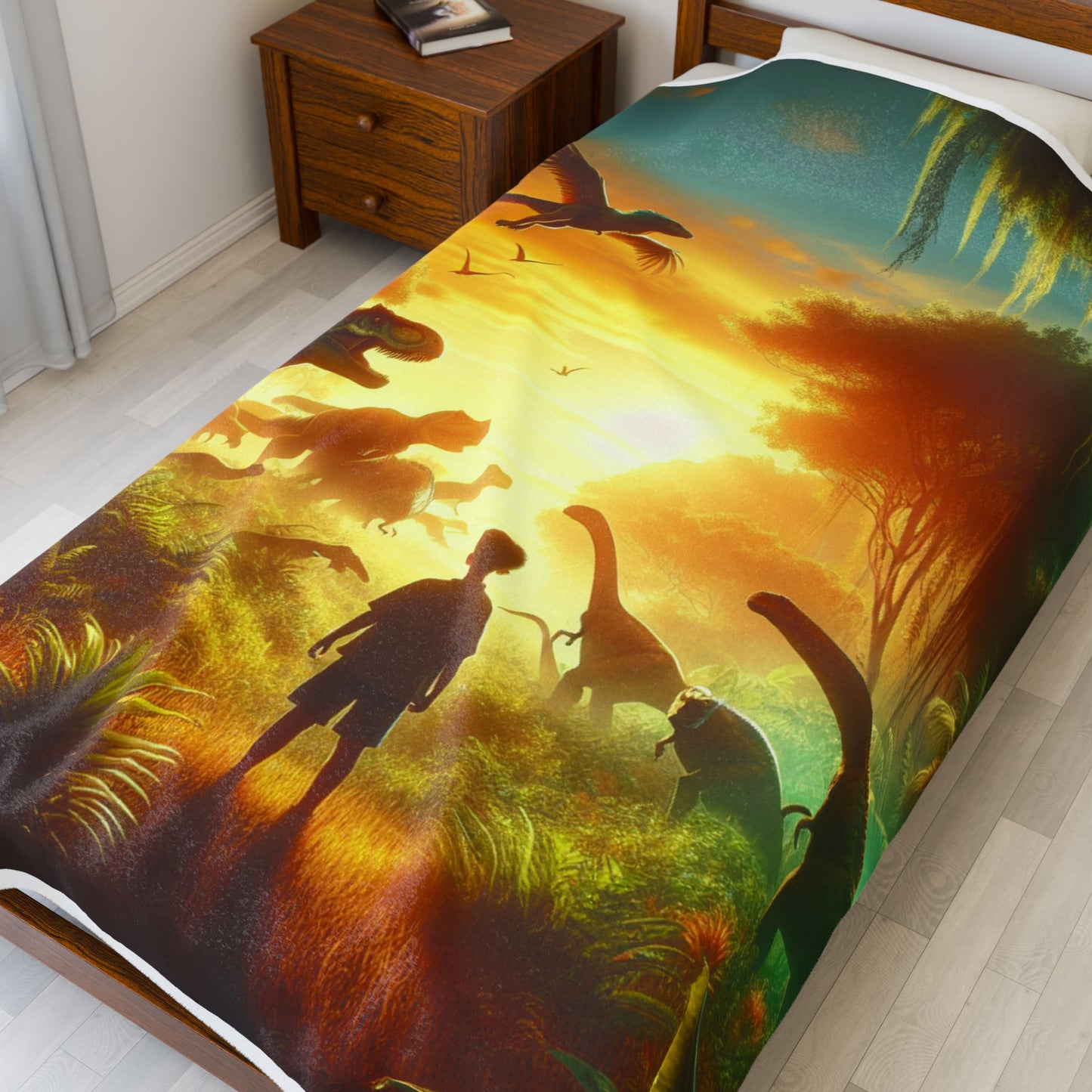 Prehistoric Encounter at Dawn - Plush Blanket