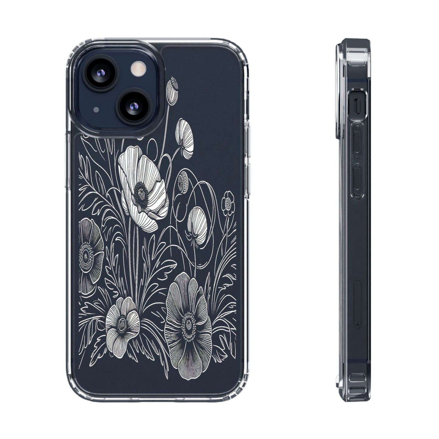 Transparent Black and White Floral Design Iphone Case Compatible With Iphone 16 15 14 - Clear Phone Cover
