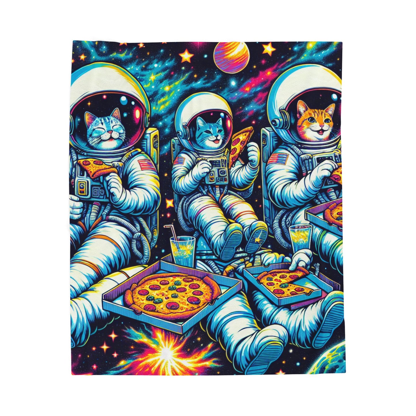 Astronaut Cats Enjoying Pizza in Space - Plush Blanket
