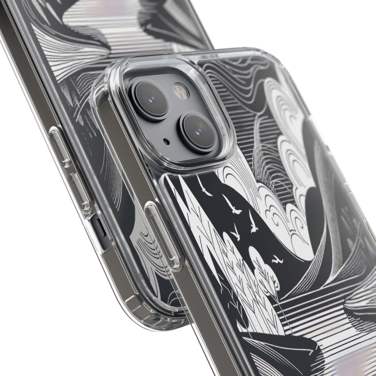 Transparent Black and White Landscape Illustration Iphone Case Compatible With Iphone 16 15 14 - Clear Phone Cover