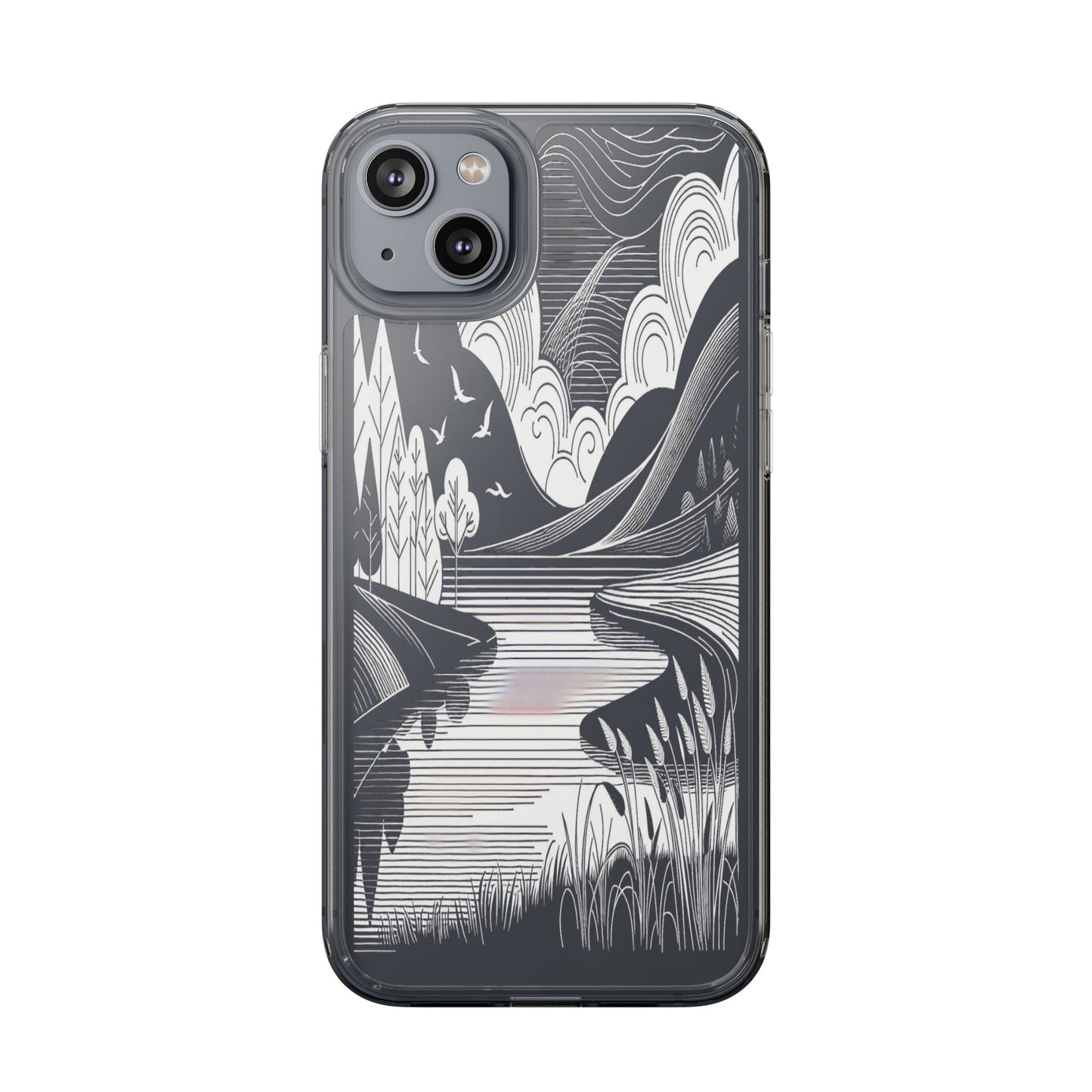 Transparent Black and White Landscape Illustration Iphone Case Compatible With Iphone 16 15 14 - Clear Phone Cover