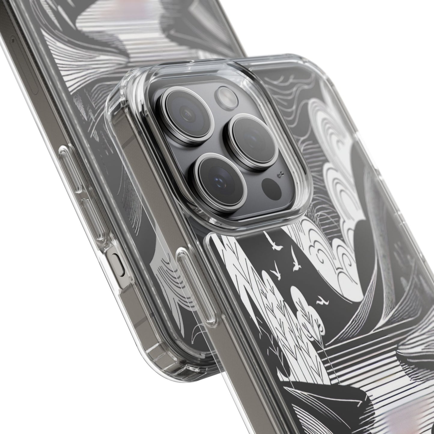 Transparent Black and White Landscape Illustration Iphone Case Compatible With Iphone 16 15 14 - Clear Phone Cover