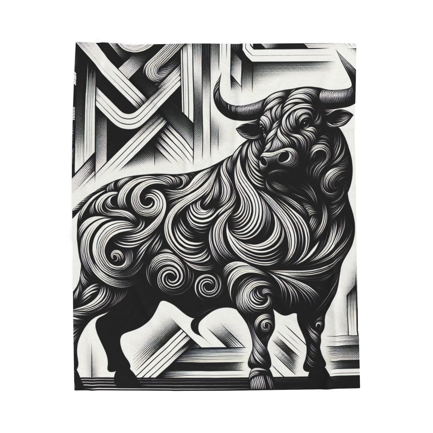 Majestic Bull in Monochrome Splendor - Plush Blanket