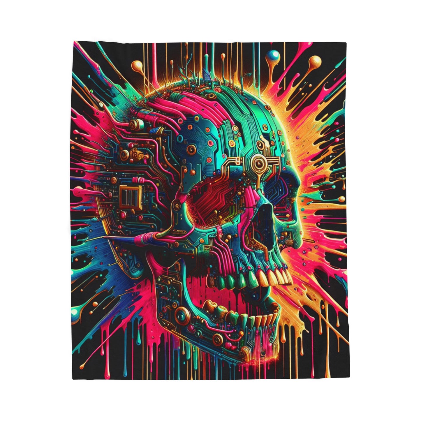 Neon Circuit Skull - Plush Blanket