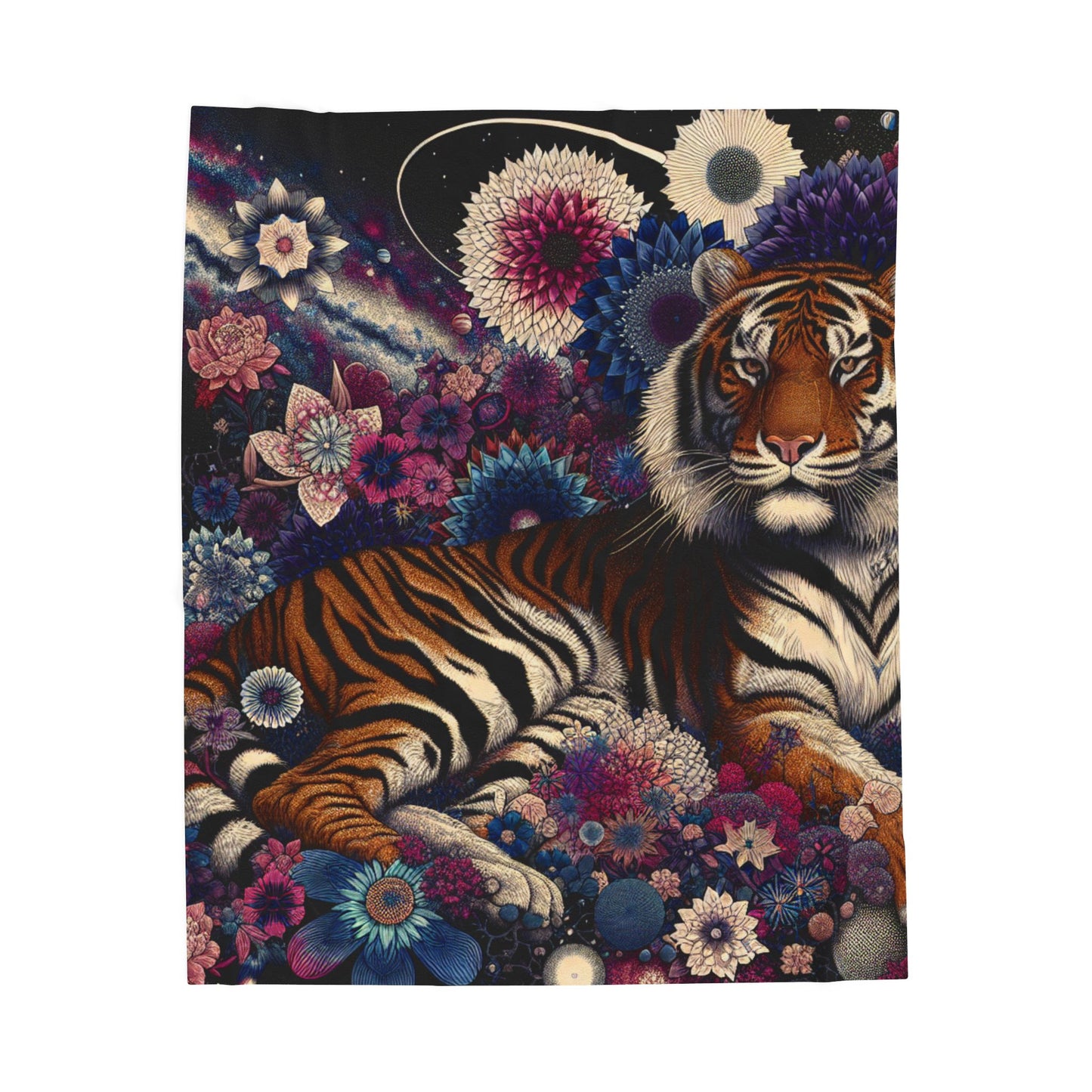Tiger's Realm of Flora and Stars - Plush Blanket