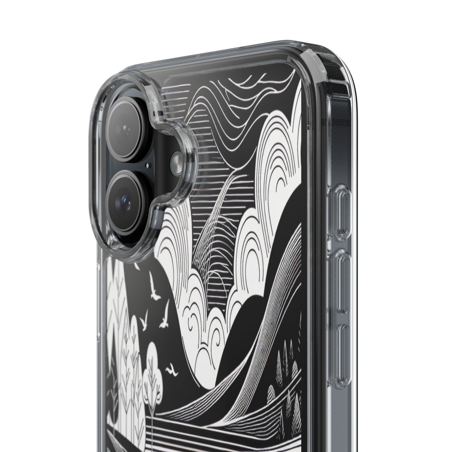 Transparent Black and White Landscape Illustration Iphone Case Compatible With Iphone 16 15 14 - Clear Phone Cover