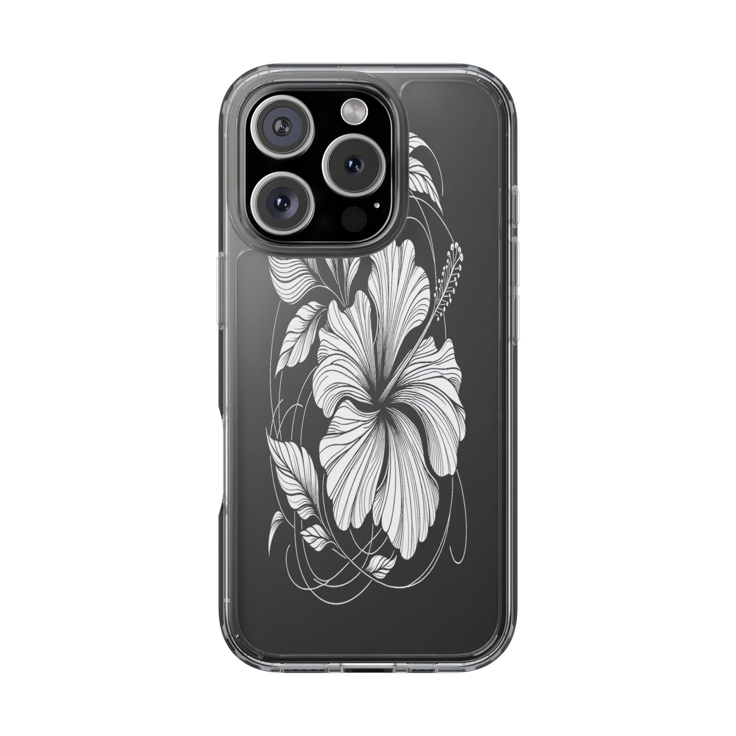 Transparent Hibiscus Design in Black and White Iphone Case Compatible With Iphone 16 15 14 - Clear Phone Cover