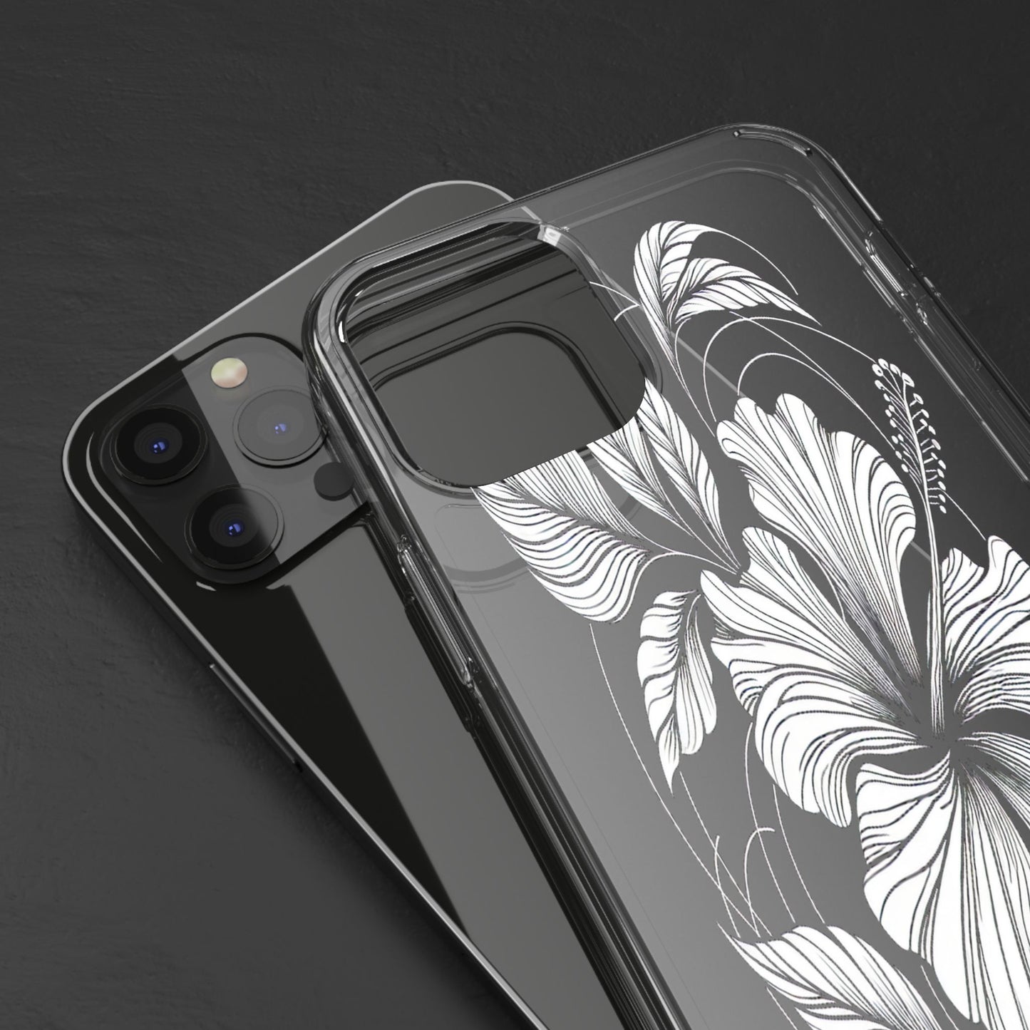 Transparent Hibiscus Design in Black and White Iphone Case Compatible With Iphone 16 15 14 - Clear Phone Cover