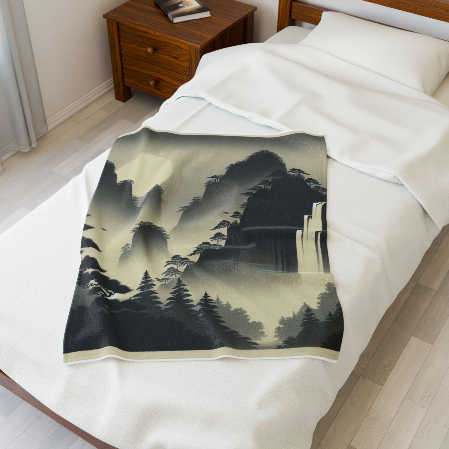Mystical Peaks and Waterfall Scene - Plush Blanket