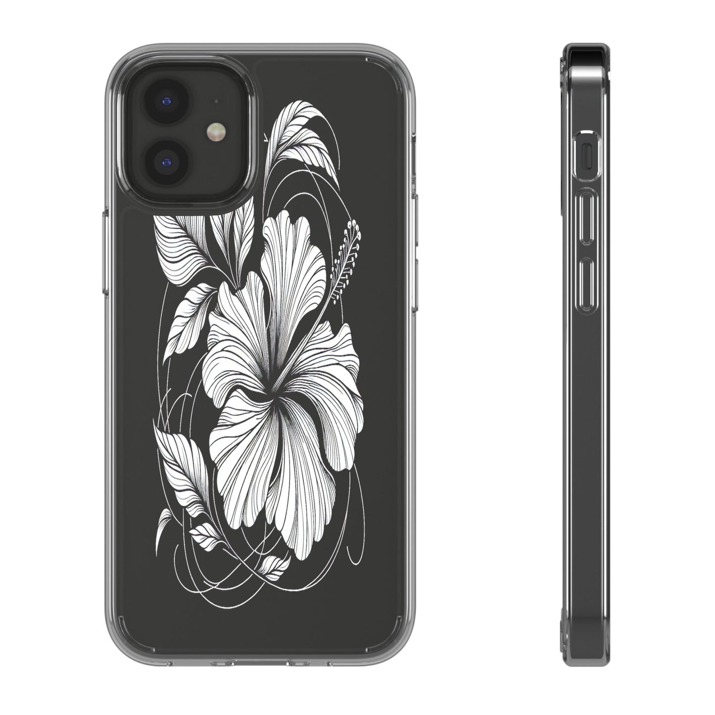 Transparent Hibiscus Design in Black and White Iphone Case Compatible With Iphone 16 15 14 - Clear Phone Cover