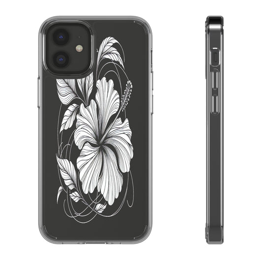 Transparent Hibiscus Design in Black and White Iphone Case Compatible With Iphone 16 15 14 - Clear Phone Cover