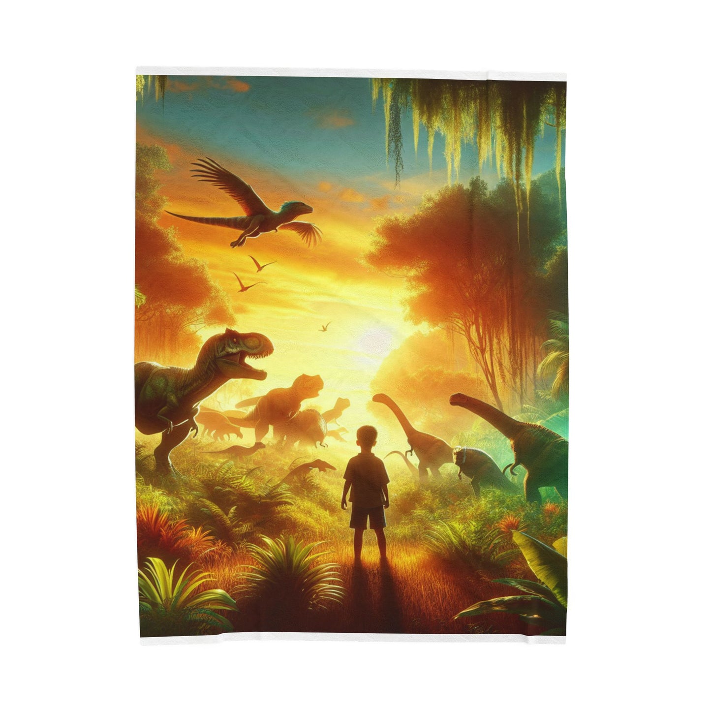 Prehistoric Encounter at Dawn - Plush Blanket