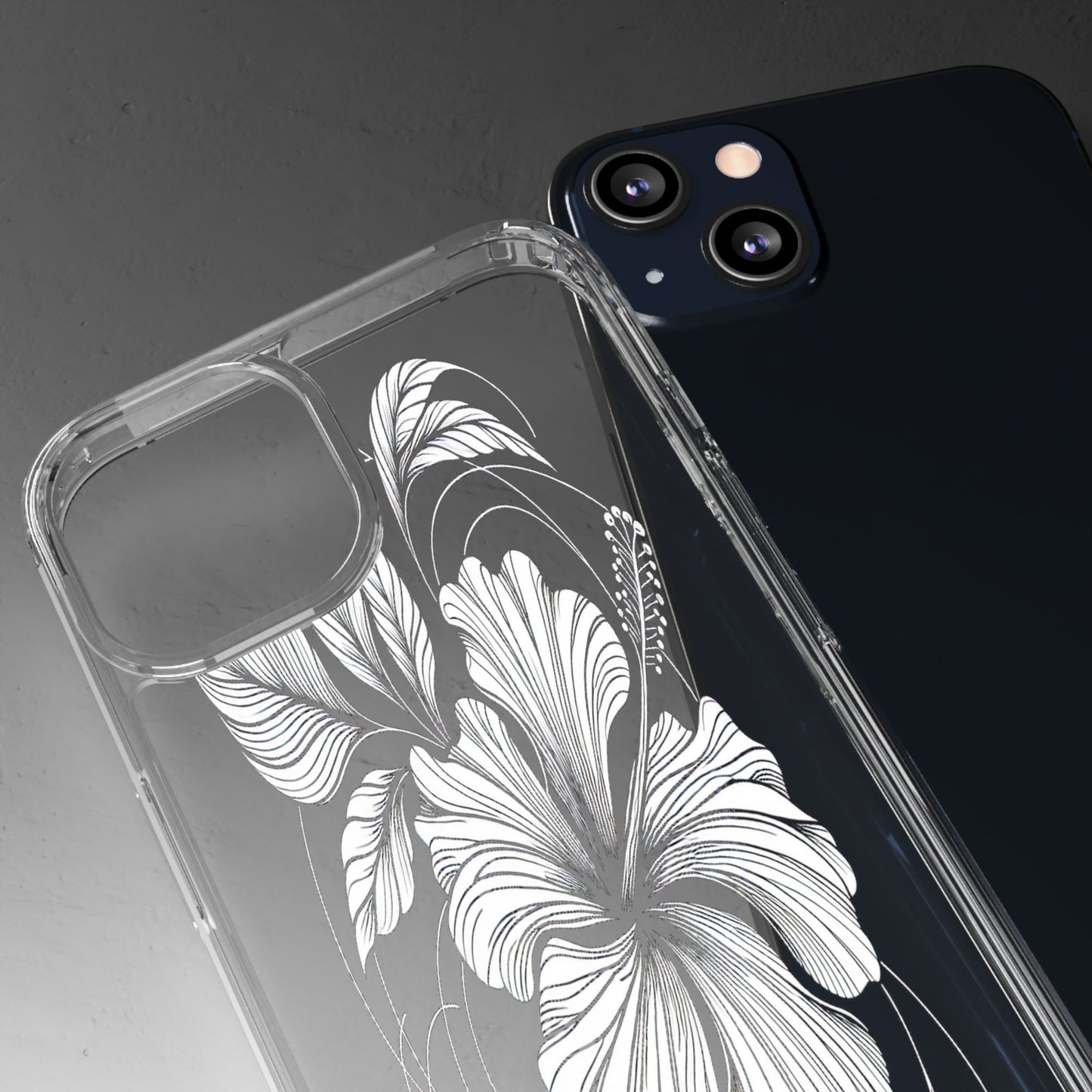 Transparent Hibiscus Design in Black and White Iphone Case Compatible With Iphone 16 15 14 - Clear Phone Cover