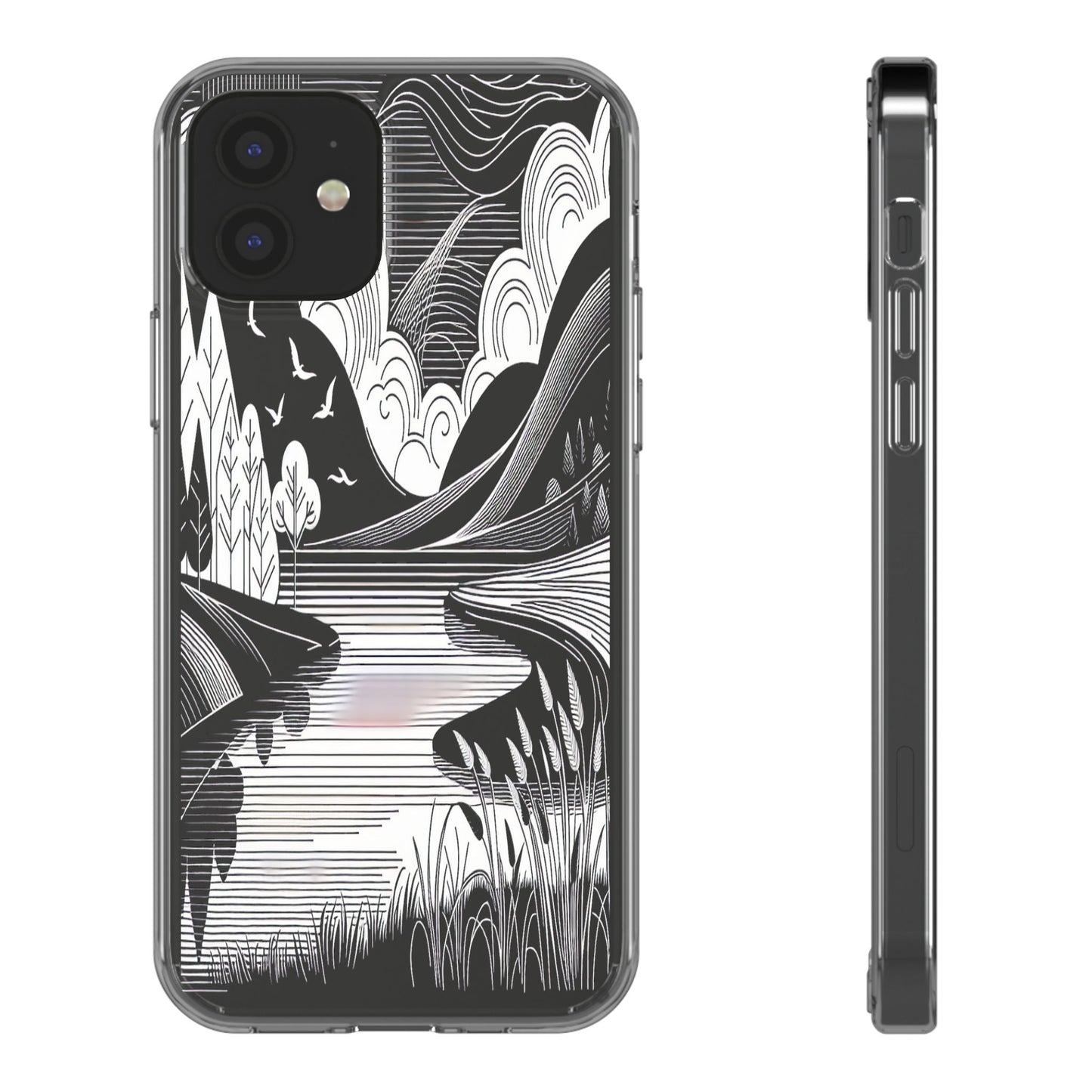 Transparent Black and White Landscape Illustration Iphone Case Compatible With Iphone 16 15 14 - Clear Phone Cover