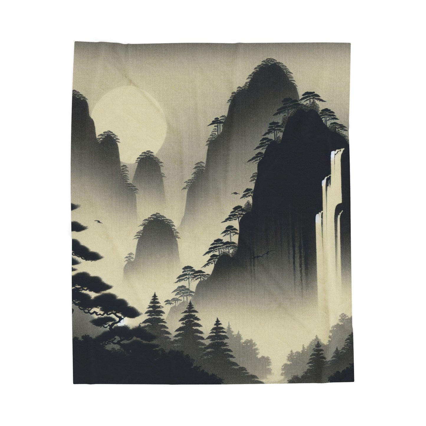 Mystical Peaks and Waterfall Scene - Plush Blanket