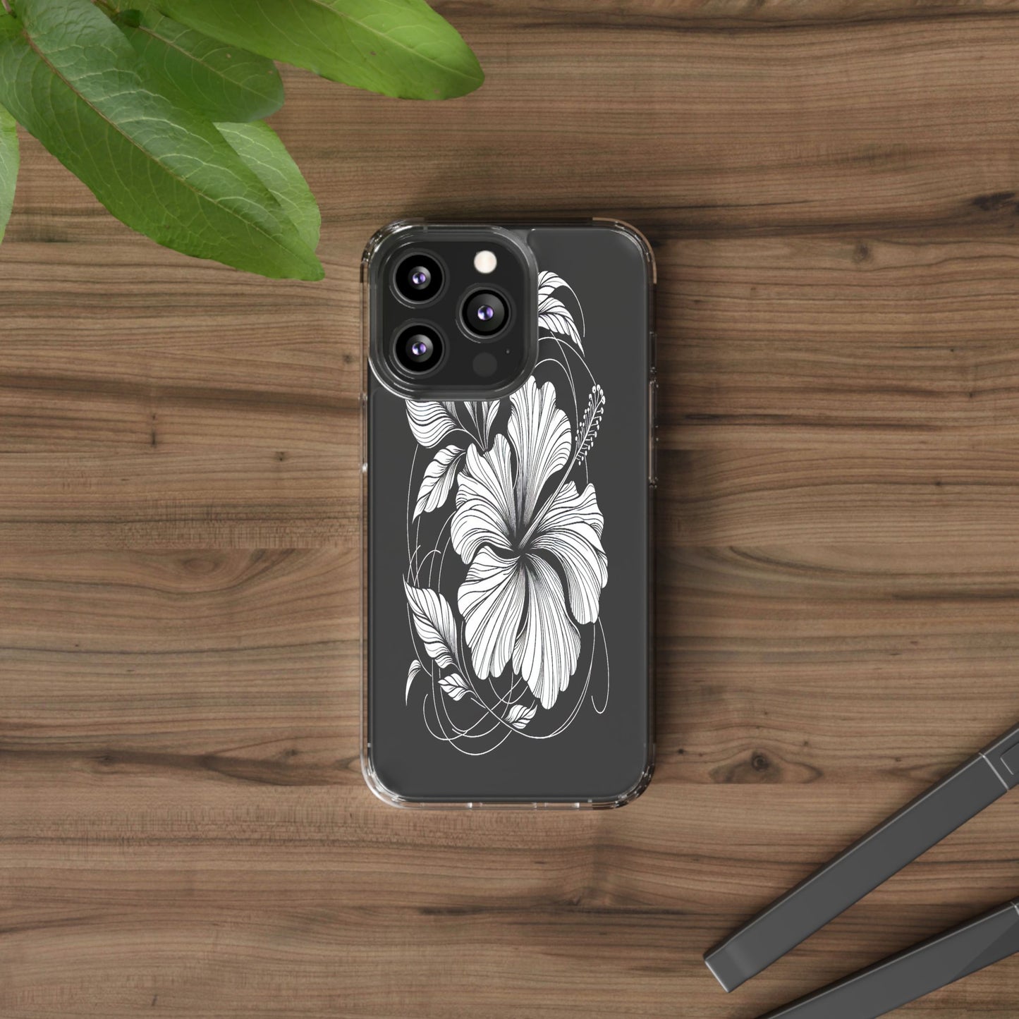 Transparent Hibiscus Design in Black and White Iphone Case Compatible With Iphone 16 15 14 - Clear Phone Cover