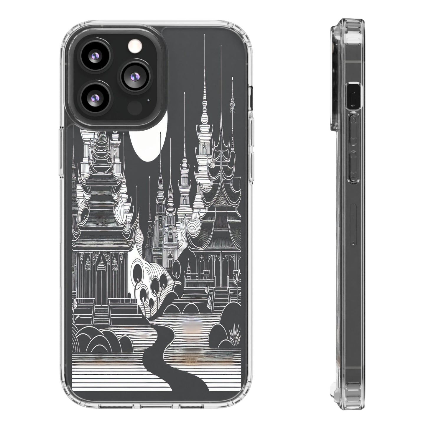 Transparent Temple Silhouette Under Bright Moon Iphone Case Compatible With Iphone 16 15 14 - Clear Phone Cover
