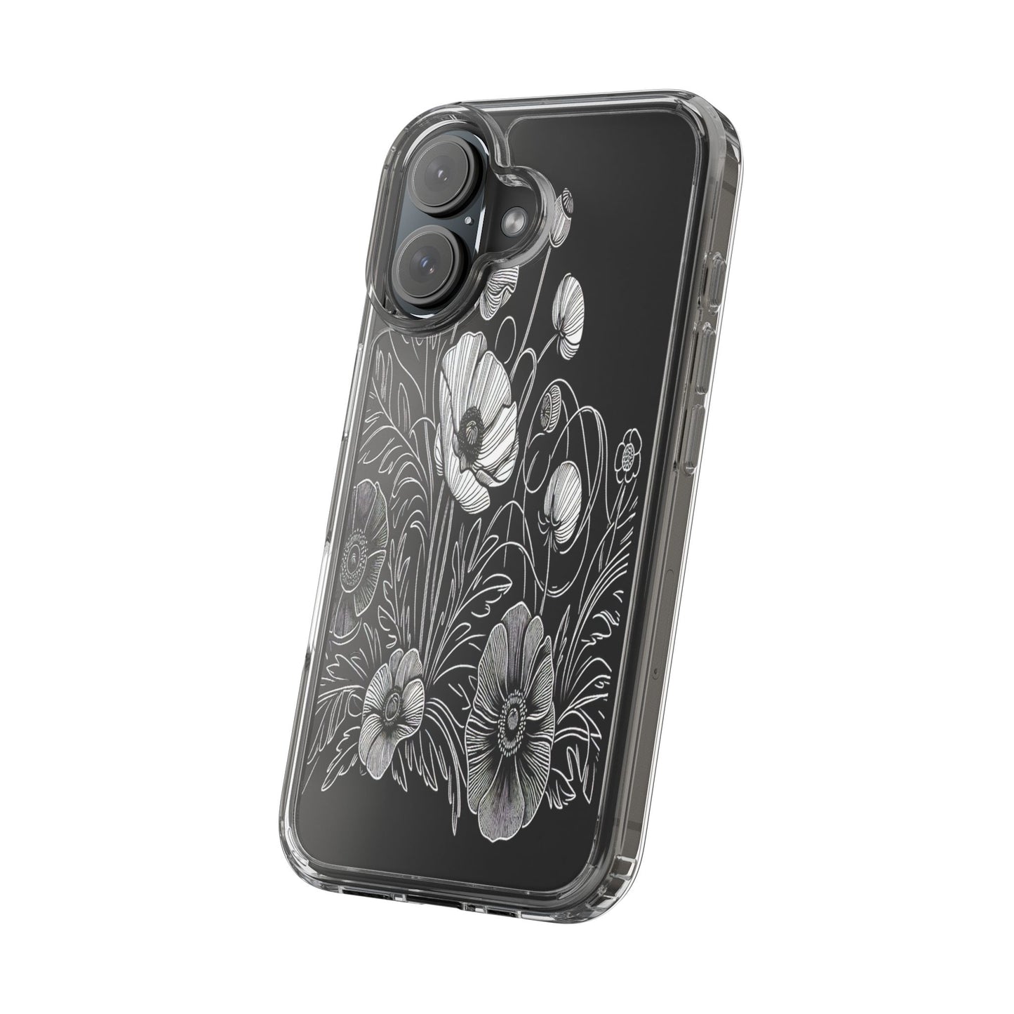 Transparent Black and White Floral Design Iphone Case Compatible With Iphone 16 15 14 - Clear Phone Cover