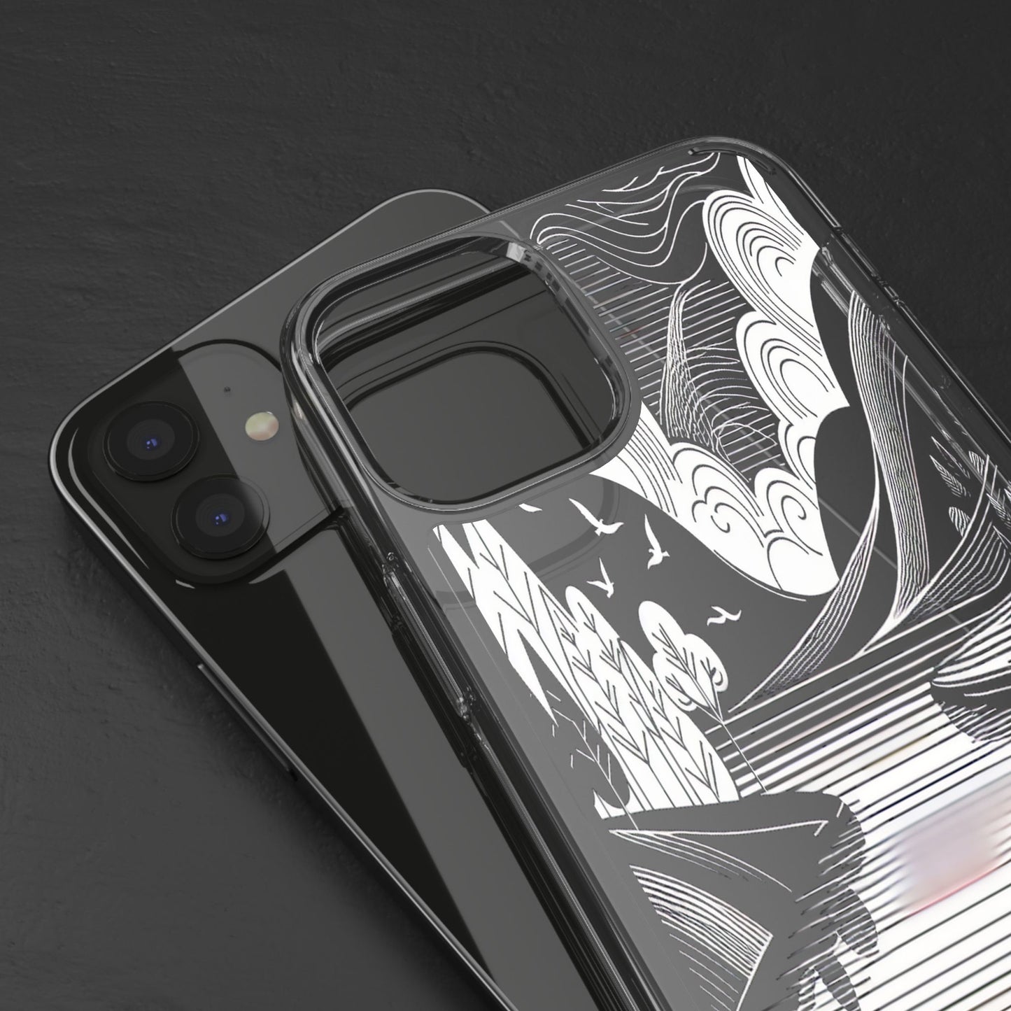 Transparent Black and White Landscape Illustration Iphone Case Compatible With Iphone 16 15 14 - Clear Phone Cover