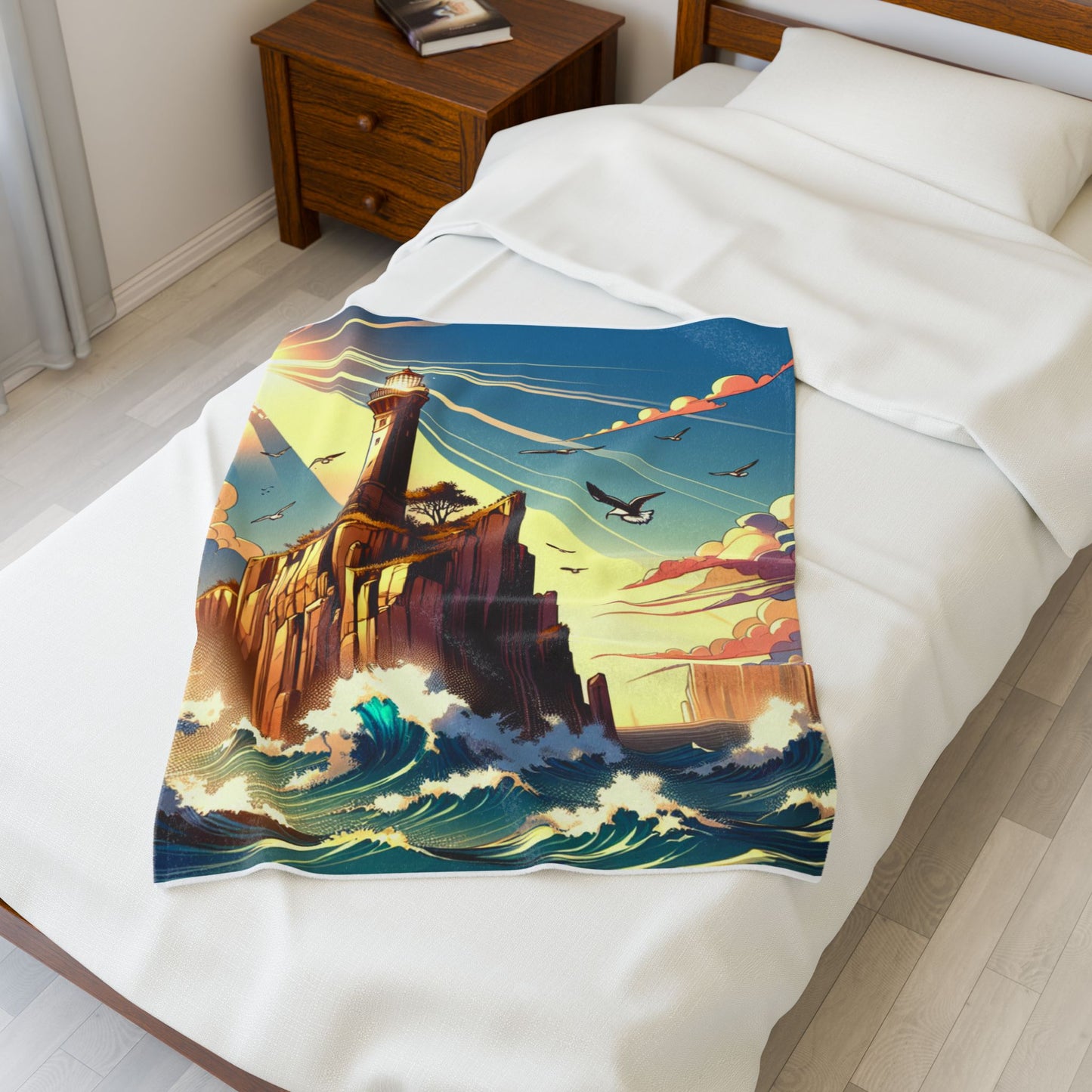 Lighthouse at the Edge of Waves - Plush Blanket