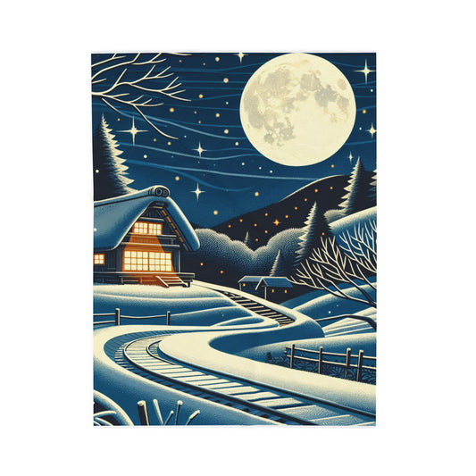 Moonlit Cabin in Winter Wonderland - Plush Blanket