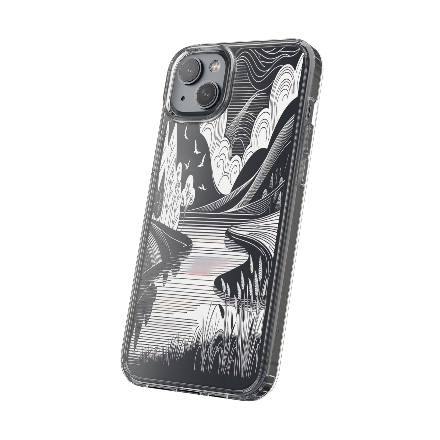 Transparent Black and White Landscape Illustration Iphone Case Compatible With Iphone 16 15 14 - Clear Phone Cover
